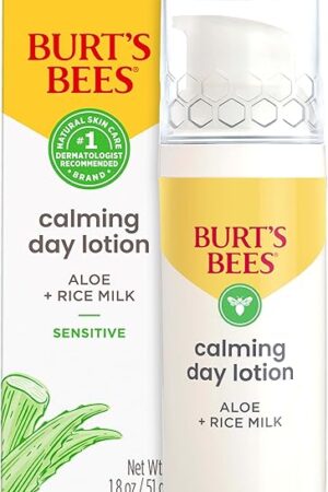 Burt's Bees Calming Day Face Lotion With Aloe and Rice Milk, Soothing Face Lotion for Sensitive Skin, 989 Percent Natural Origin Skin Care, 18 oz Bottle