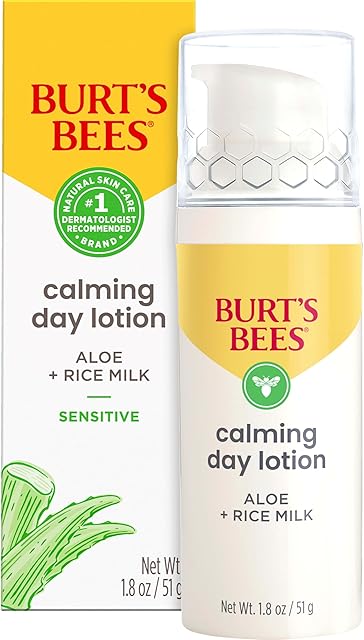 Burt's Bees Calming Day Face Lotion With Aloe and Rice Milk, Soothing Face Lotion for Sensitive Skin, 989 Percent Natural Origin Skin Care, 18 oz Bottle