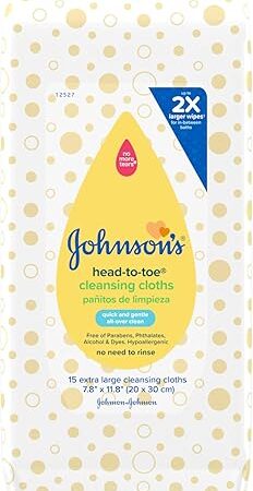 Johnson's Baby Head-to-Toe Gentle Cleansing Cloths, No Rinse, Disposable Pre-Moistened Baby Bath Wipes, Hypoallergenic Newborn Essentials, Head-to-toe Wipes, Paraben-Free 15 ct