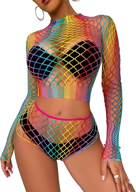 Women's Fishnet Lingerie Set for Women Sparkly Rhinestone Off Shoulder Two Piece Lingerie Set Stripper Outfit