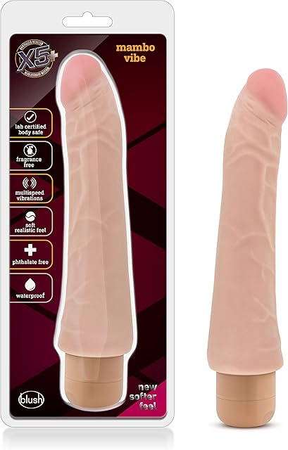 Blush X5 Plus Mambo Vibrating Dildo 925" - Realistic Vibrator for Women & Couples - Lifelike Soft Flexible Dildo with Curved Shaft, Multi-Speed Vibration, Body Safe TPE Adult Cock Sex Toy - (Beige)