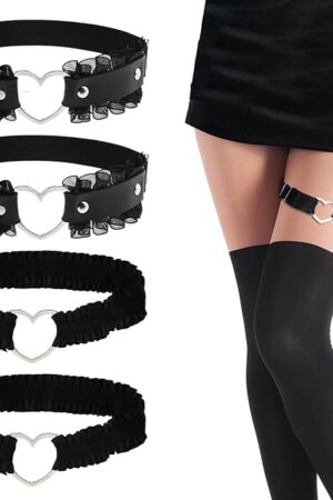4Pcs Adjustable Garter Belts,Heart Shaped Lace Thigh Garter Belt Elastic Non-slip PU Leather Women's Garter Belt Punk Rock Heart Shaped Wave Lace Bride Sexy Thigh Girdle for Women Party Role Play