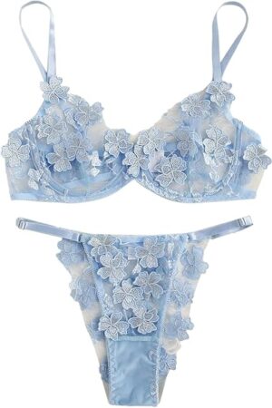 Women's Sexy Applique Lace Underwire Bra Top and Thong Lingerie Set