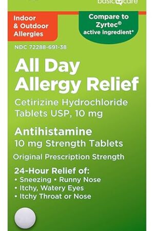 Amazon Basic Care 24 Hour Allergy Relief, Cetirizine Hydrochloride Tablets, 10 mg, 300 Count (Packaging may vary)