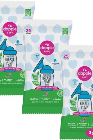 Dapple Breast Pump Wipes Baby, 25 Count (Pack of 3), Fragrance Free, Plant Powered & Hypoallergenic Breast Pump Wipe - Removes Milk Residue, Leaves No Taste - Convenient Wipes Pouch