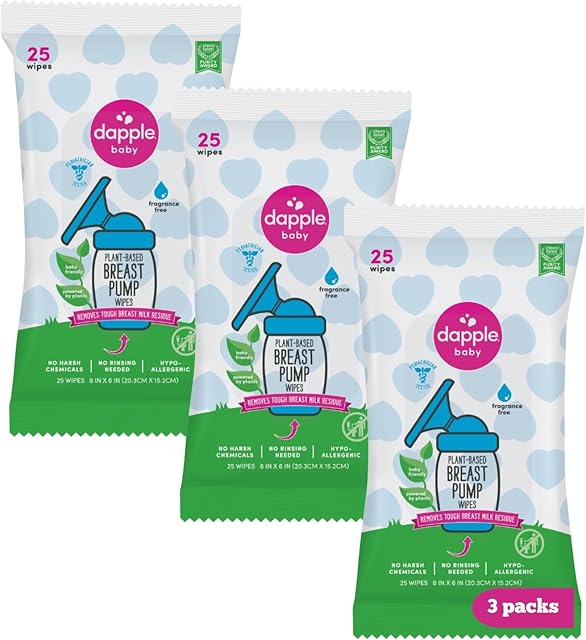Dapple Breast Pump Wipes Baby, 25 Count (Pack of 3), Fragrance Free, Plant Powered & Hypoallergenic Breast Pump Wipe - Removes Milk Residue, Leaves No Taste - Convenient Wipes Pouch
