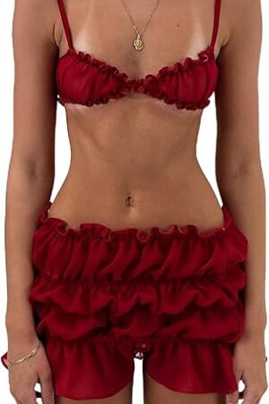 Women's Camisole Outfits Sexy Mesh Bra Tiered Ruched Shorts Matching Lingeries Sets Valentine's Day Outfits