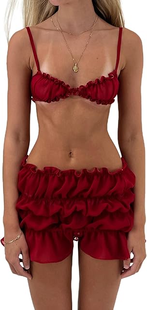 Women's Camisole Outfits Sexy Mesh Bra Tiered Ruched Shorts Matching Lingeries Sets Valentine's Day Outfits