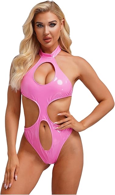 Leather Lingerie Bodysuit for Women Sexy Sleeveless Hollow Out Leotard Clubwear Latex Costume Tops