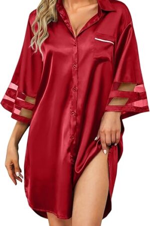 Women's Satin Nightgown Button Down 3/4 Sleeve Sleepwear Silk Night Gowns Nightshirt with Pocket