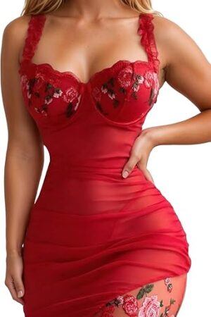 Women's Floral Embroidered Mesh Sheer Ruched Nightgowns See Through Bodycon Mini Babydoll Lingerie Set with Thong