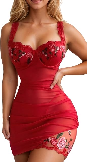 Women's Floral Embroidered Mesh Sheer Ruched Nightgowns See Through Bodycon Mini Babydoll Lingerie Set with Thong