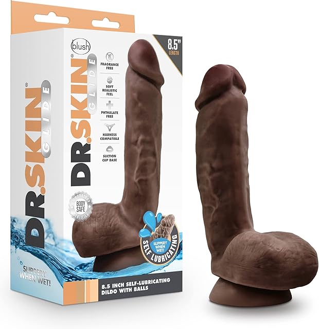Blush Novelties Dr. Skin Glide 8.5 Inch Self Lubricating Dildo with Balls Suction Cup Harness Compatible Body Safe Realistic Look and Feel Sex Toy for Her Him Couples Chocolate