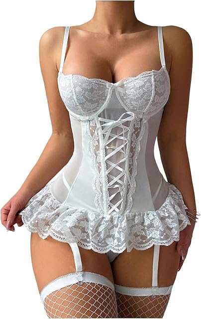 Women's Lace Sheer Ruffle Lingerie Tie Up Babydoll Garter Teddy Bodysuits Stocking Set Nightwear