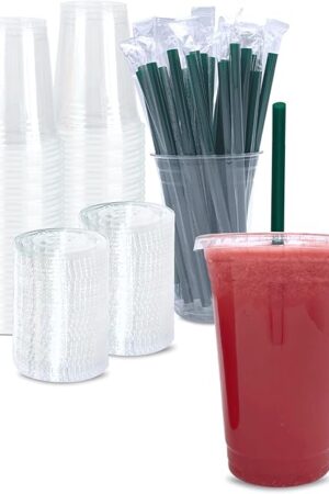 20 oz Clear Plastic Cups with Lids and STRAWS, Disposable Drinking Cups for Cold Drinks, Iced Coffee, Milkshakes, Smoothies, 25 Sets