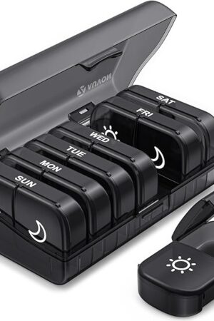 AUVON XL Weekly Pill Organizer 2 Times a Day, Pill Box 7 Day with One-Side Large Openings for Easy to Use, Black Privacy Protection AM PM Pill Case for Medication, Vitamins, Fish Oils, Supplements