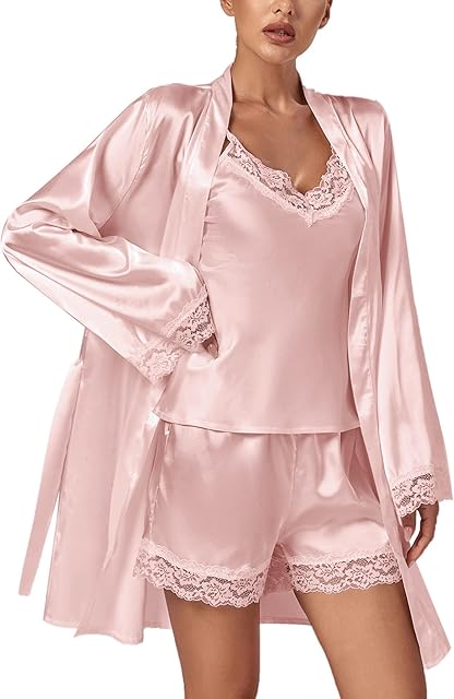 Women's 3pcs Sleepwear Silk Satin V Neck Lace Trim Cami Top and Shorts Pajama Set with Robe