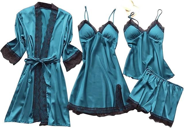 Women's Pajamas Set Sexy Lingerie Robe Set 4Pcs Silk Satin Floral Lace Trim Cami Shorts Sleepwear Cute Loungewear
