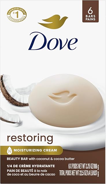 Dove Beauty Bar Soap Restoring Coconut & Cocoa Butter 6 Count for Restored Skin, Nourishes Skin 375 oz