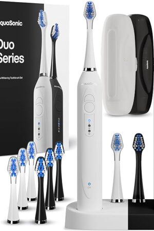 Aquasonic Duo - Dual Handle Ultra Whitening 40,000 VPM Wireless Charging Electric ToothBrushes - 3 Modes with Smart Timers - 10 Dupont Brush Heads & 2 Travel Cases Included