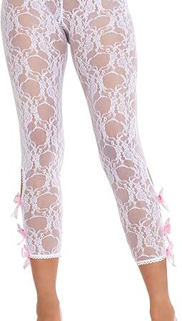 Womens Scalloped Trimmed Floral Lace Footless Capri Tights With Keyhole Bow Detail