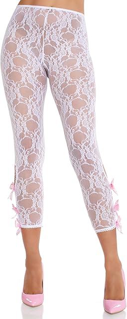 Womens Scalloped Trimmed Floral Lace Footless Capri Tights With Keyhole Bow Detail