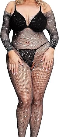 Women Rhinestone Fishnet Bdoystocking Mesh Sparkle Long Sleeve One Piece Jumpsuit Plus Size Sexy Lingerie Soft