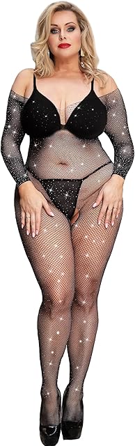 Women Rhinestone Fishnet Bdoystocking Mesh Sparkle Long Sleeve One Piece Jumpsuit Plus Size Sexy Lingerie Soft