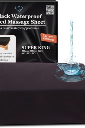 Extreme Super King Black 100% Waterproof Fitted Sheet Protector, Safe with Oil & Silicone-Based Massage Products, Hypoallergenic Noiseless Machine Washable, 14'' Deep Pocket