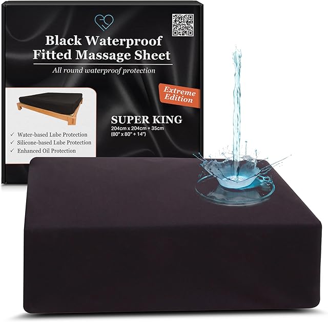 Extreme Super King Black 100% Waterproof Fitted Sheet Protector, Safe with Oil & Silicone-Based Massage Products, Hypoallergenic Noiseless Machine Washable, 14'' Deep Pocket
