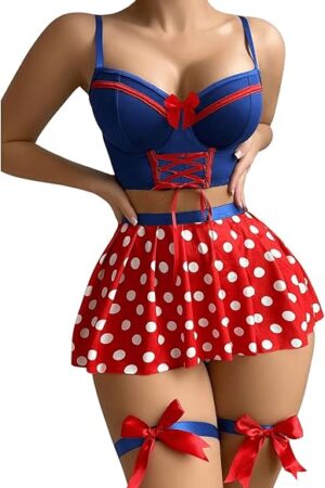 Women's 5 Piece Lingerie Set Bow Tie Camisole Polka Dots Pleated Skirt and Thong with Garter