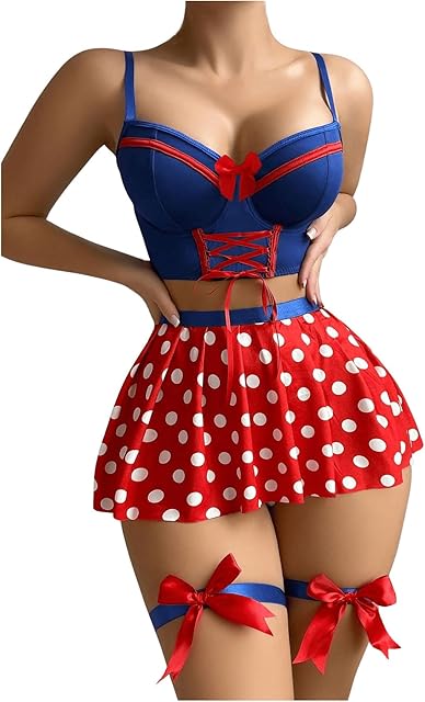 Women's 5 Piece Lingerie Set Bow Tie Camisole Polka Dots Pleated Skirt and Thong with Garter