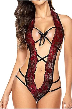 Women One Piece Lingerie Sexy Lace Bodysuit Deep V See-Through Teddy Babydoll Sleepwear Nightgown for Sex Naughty Play