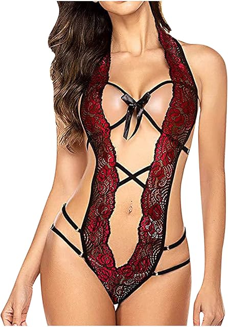 Women One Piece Lingerie Sexy Lace Bodysuit Deep V See-Through Teddy Babydoll Sleepwear Nightgown for Sex Naughty Play