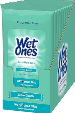 Wet Ones Sensitive Skin Hands and Face Wipes, 20 Count Travel Pack (Pack of 10)