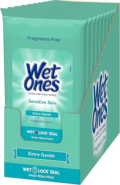 Wet Ones Sensitive Skin Hands and Face Wipes, 20 Count Travel Pack (Pack of 10)