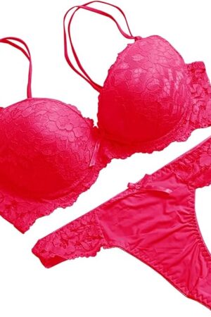 Women's Sexy Lace Lingerie Underwire Push Up Lifting Double Shoulder Strap Bra and Thongs Panty Two Piece Set