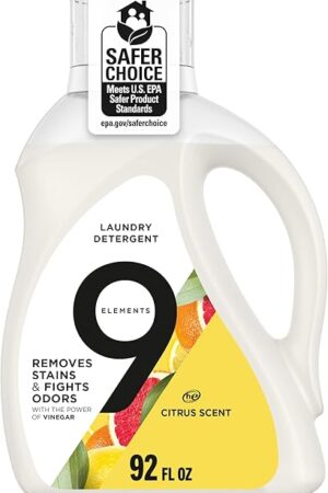 9 Elements Natural Laundry Detergent Liquid Soap, Citrus Scent, Vinegar Powered, 92 Fl Oz, 1 Count, Laundry Detergent Liquid, Washing Detergent