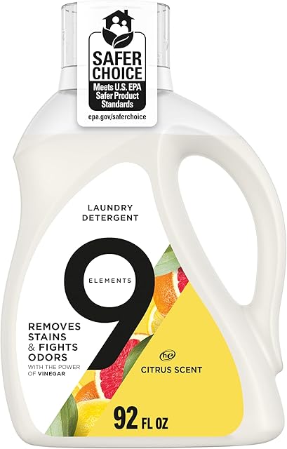 9 Elements Natural Laundry Detergent Liquid Soap, Citrus Scent, Vinegar Powered, 92 Fl Oz, 1 Count, Laundry Detergent Liquid, Washing Detergent