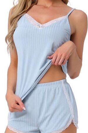Womens Pajama Sets Sleeveless Nightwear Ribbed Knit Lace Trim V Neck Cami Top with Shorts Lingerie Suits