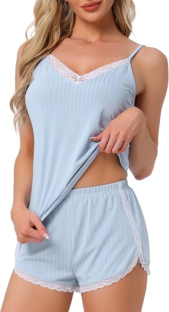 Womens Pajama Sets Sleeveless Nightwear Ribbed Knit Lace Trim V Neck Cami Top with Shorts Lingerie Suits