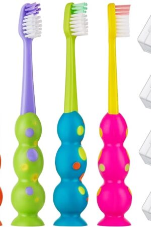 Kids Toothbrush 4 Pack - Soft Bristles with Suction Cup - Toothbrush Kids, Child Sized Brush Heads, 3-10 Year Old Kid Toothbrush with Easy Storage - Toddler, Girl and Boy Set (4-Pack, Multi-Color)