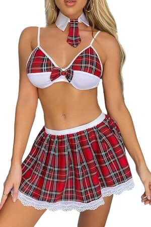 Womens Schoolgirl Lingerie Student Cosplay Sexy Roleplay Custumes Plaid Skirt Lingerie Set