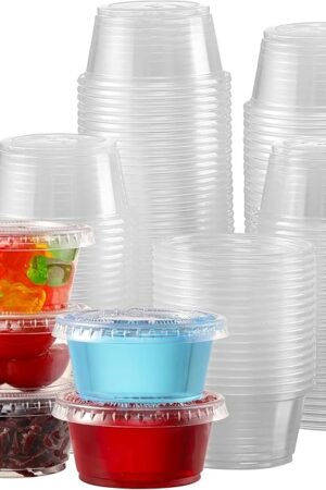 VITEVER 130 sets - 2 oz Jello Shot Cups, Small Plastic Containers with Lids, Airtight and Stackable Portion Cups, Salad Dressing Container, Dipping Sauce Cups, Condiment Cups