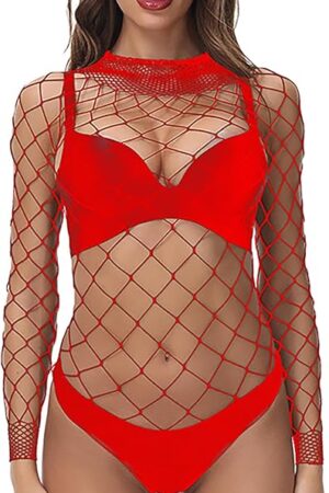 Fishnet Bodysuit Top for Women Sexy Lingerie Long Sleeve Stretch Mesh Rave Party Club Outfits One Size