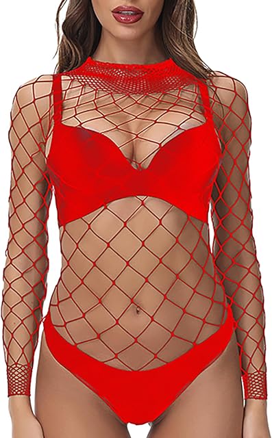 Fishnet Bodysuit Top for Women Sexy Lingerie Long Sleeve Stretch Mesh Rave Party Club Outfits One Size