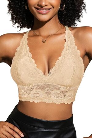 Lace Bralettes for Women Deep V-Neck Wireless Halter Bra Triangle Racerback Crop Top Sexy Lingerie Everyday Bra