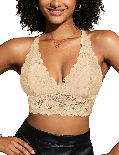 Lace Bralettes for Women Deep V-Neck Wireless Halter Bra Triangle Racerback Crop Top Sexy Lingerie Everyday Bra