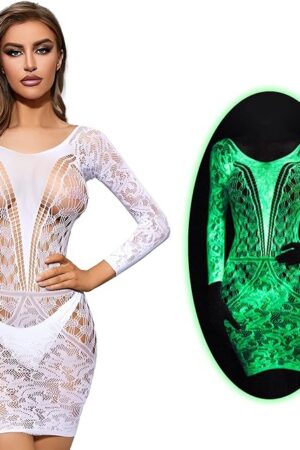 Glow in the Dark Sexy White Fishnet Stockings, Stylish Bodysuit Leggings for Womens Party