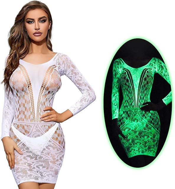 Glow in the Dark Sexy White Fishnet Stockings, Stylish Bodysuit Leggings for Womens Party
